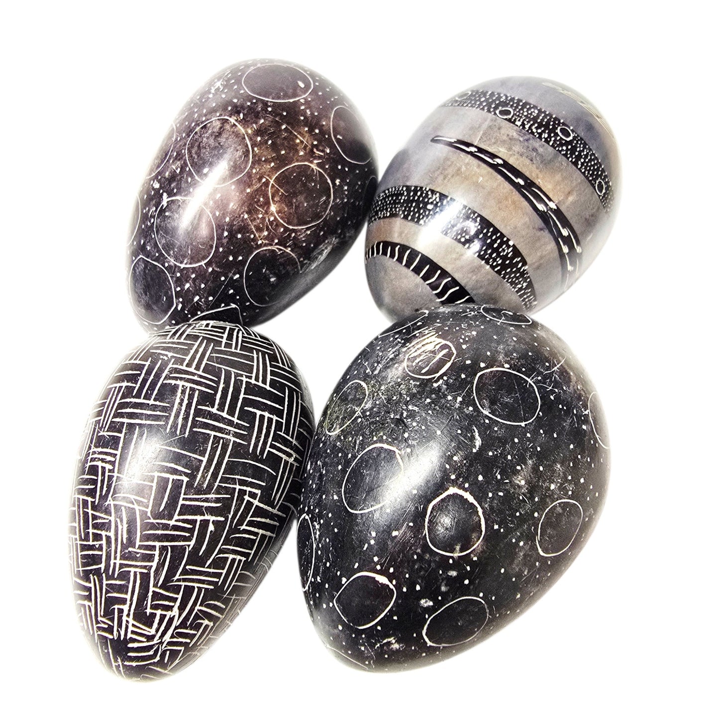 4 Hand Carved African Kisii Soapstone Eggs Kenya Decorative Stone Paperweights