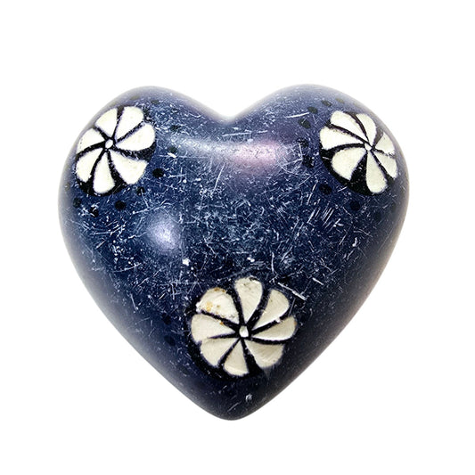 Hand Carved Soapstone Heart Blue with White Etched Flowers Puffy Heart Stone