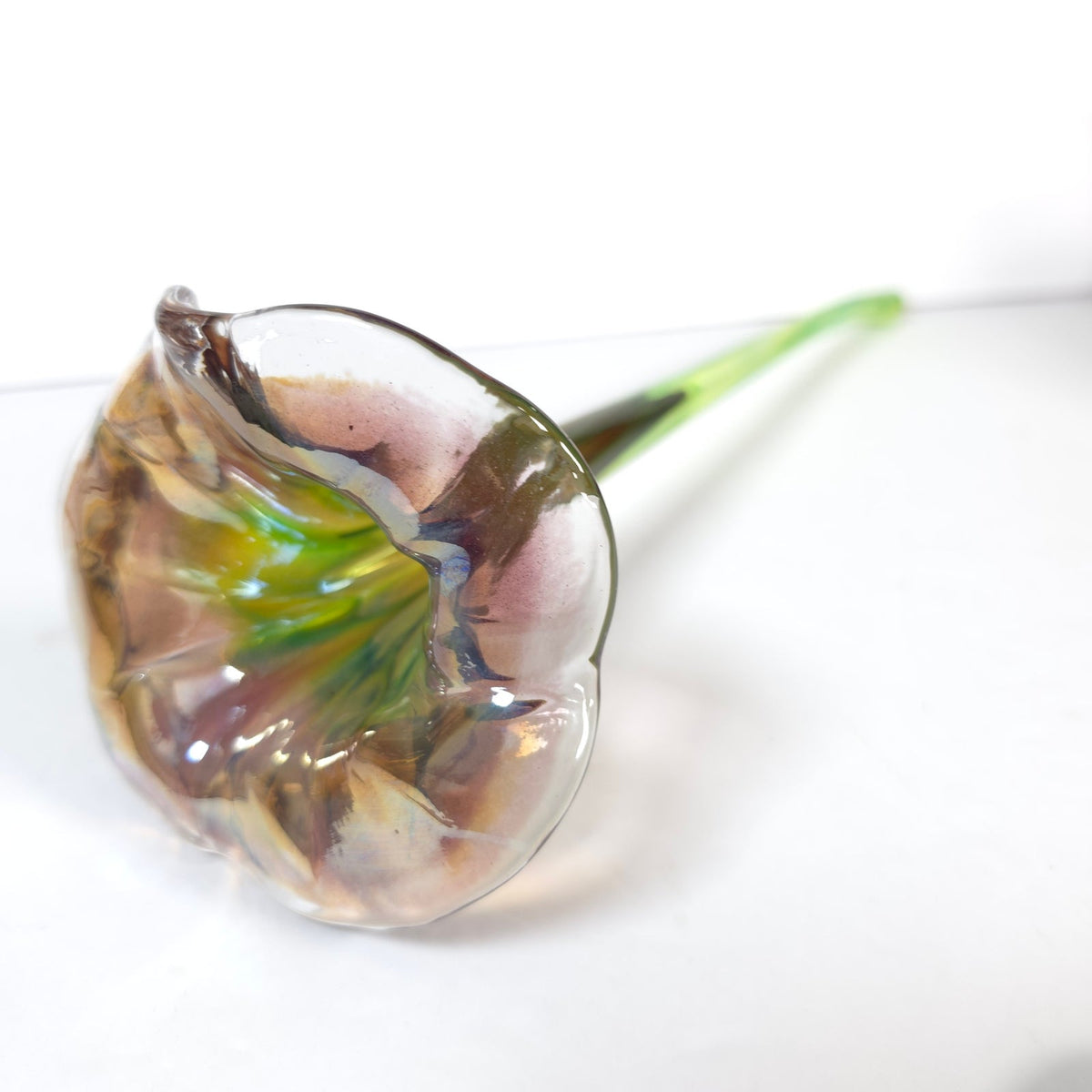 Vintage Art Glass Calla Lily Flower Long Green Stem Purple Pink Bloom 12 Inch
