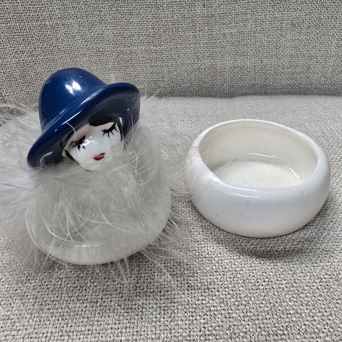 Vintage I.W. Rice Flapper Girl Powder Jar Trinket Box  in White and Blue, Read