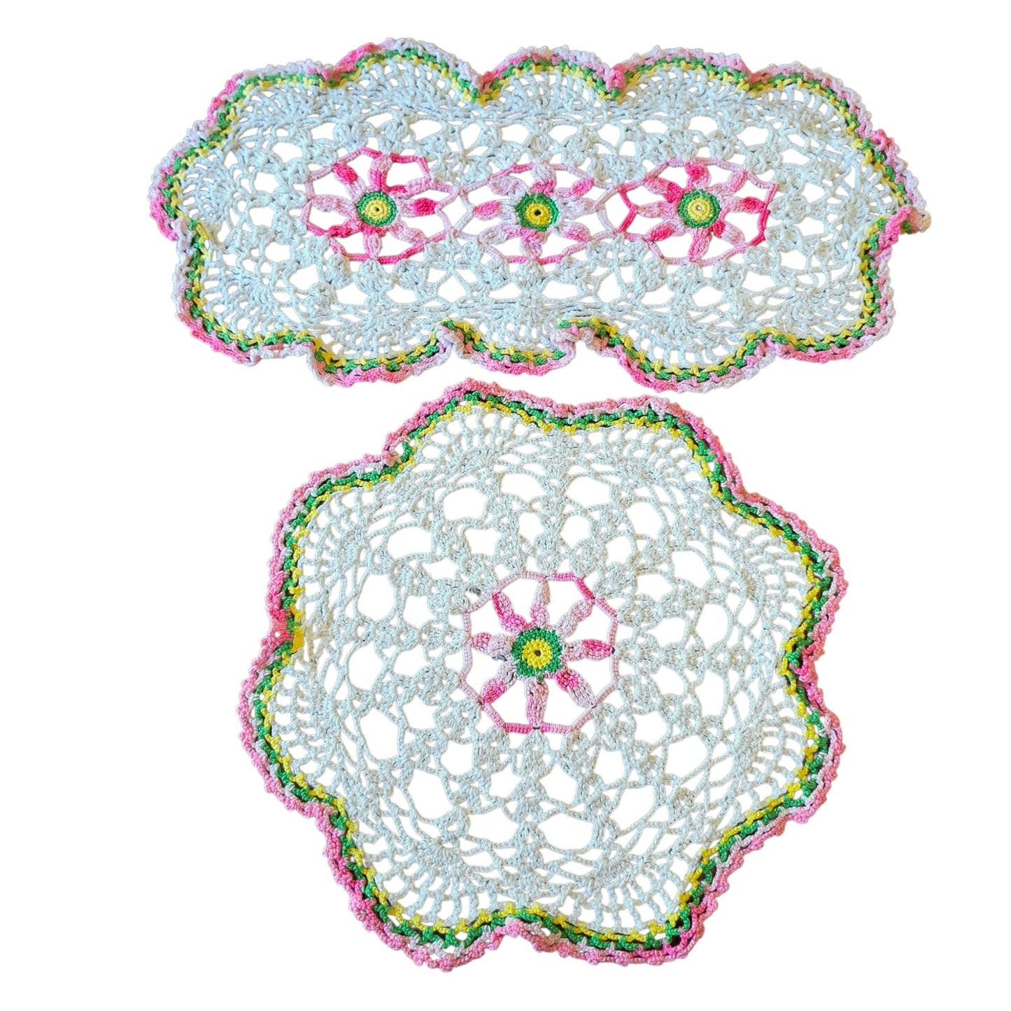 Vintage Crochet Floral Doily Set Oblong Dresser Scarf & Round Doily Handmade
