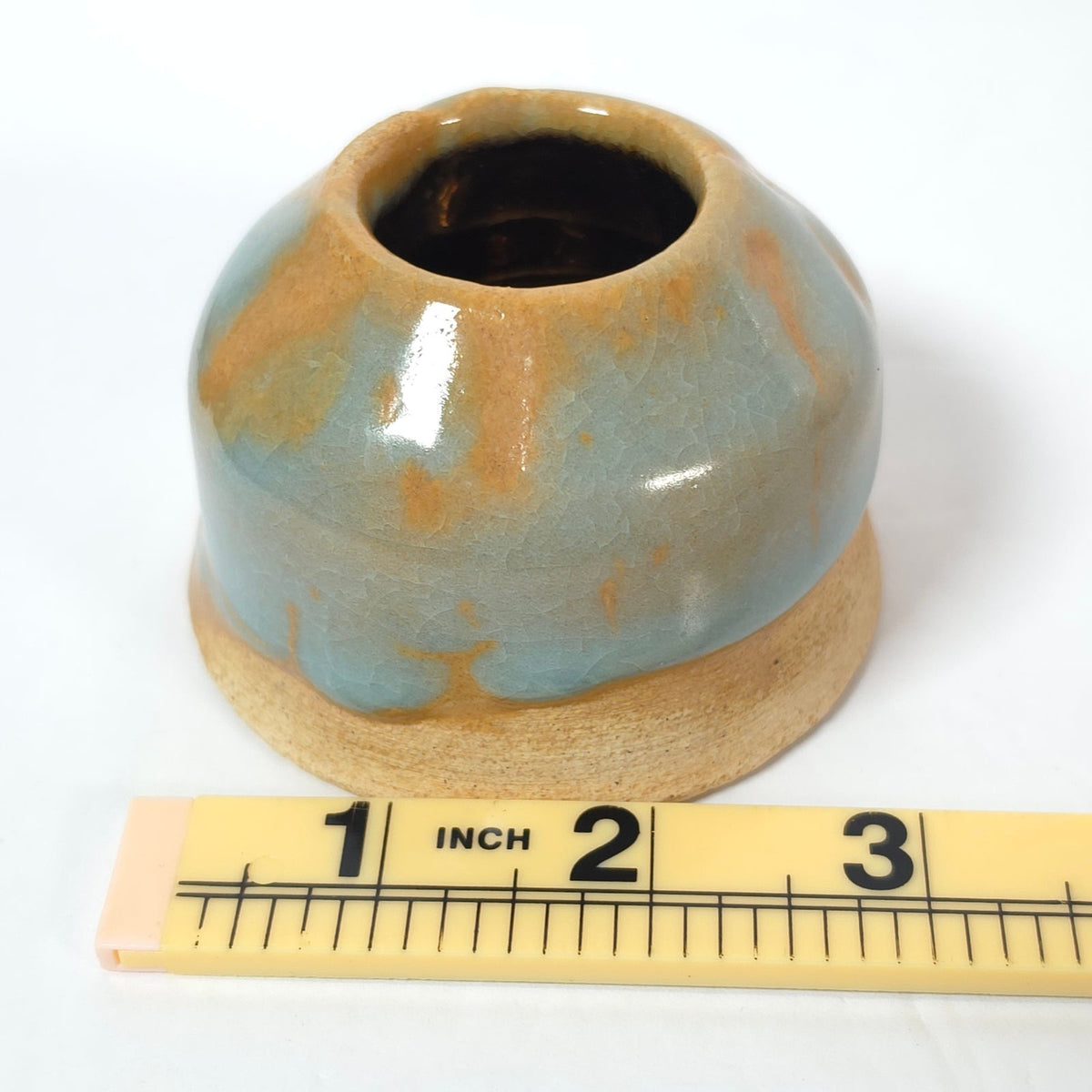 Handmade Student Pottery Mini Vase Blue Tan Copper Tone Interior Signed