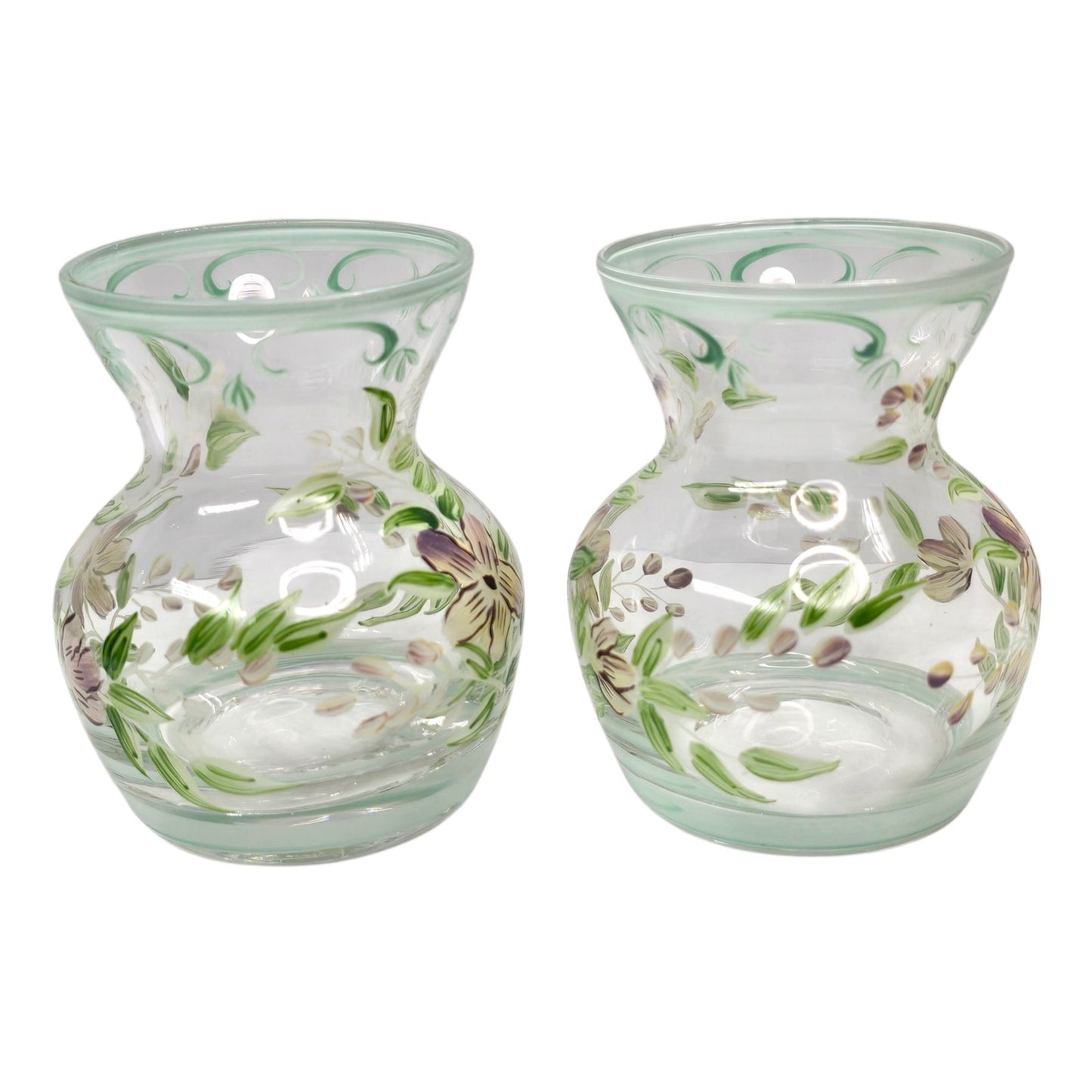 Vtg Hand Painted Floral Glass Vases Lot of 2 Clear Green Trim Small Bud