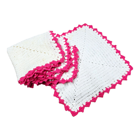 Set of 4 Vintage Handmade Crocheted Doilies with Dark Pink Trim