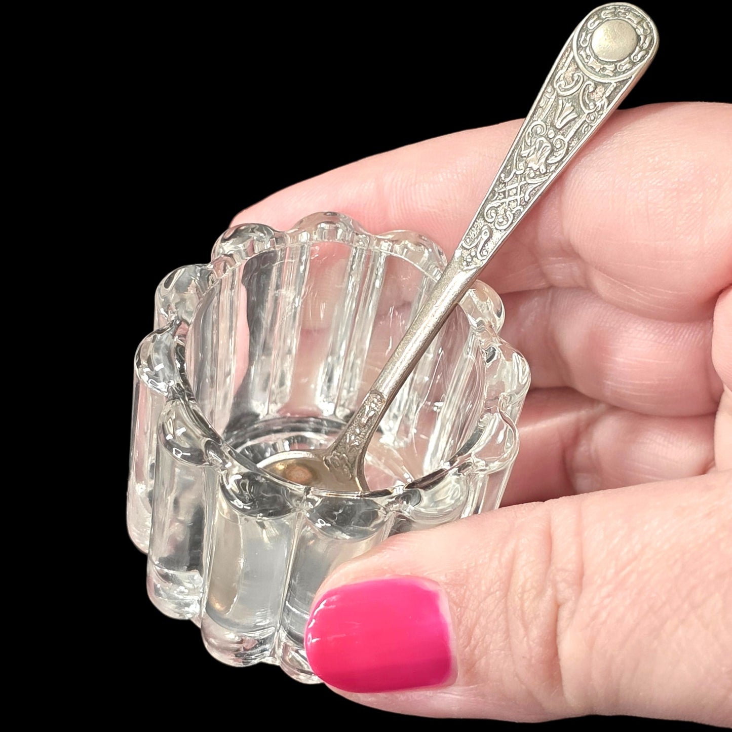 Vintage Heisey Crystolite Mustart Pot Glass Open Salt Sugar Ornate Floral Spoon