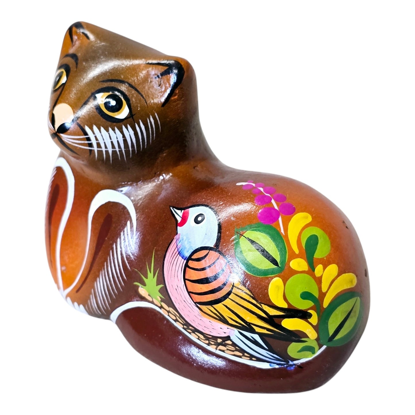 Regin Tonala Mexico Folk Art Cat Figurine with Handpainted Bird