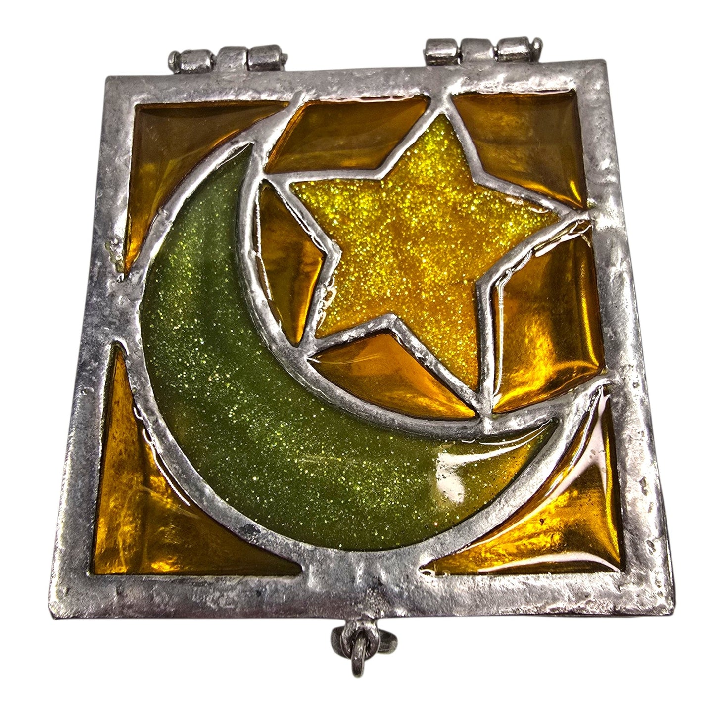 Vtg Stained Glass Moon Star Trinket Box Pewter Tone Soldered Metal Made USA