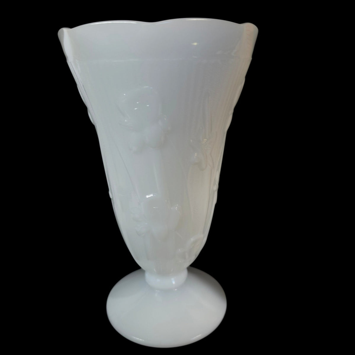 Vintage Jeannette Glass Iris & Herringbone Milk Glass 9” Footed Vase