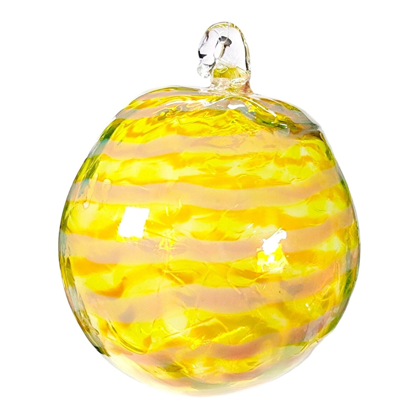 Hand Blown Studio Art Glass Ornament Ball Yellow Swirl 4.5" H