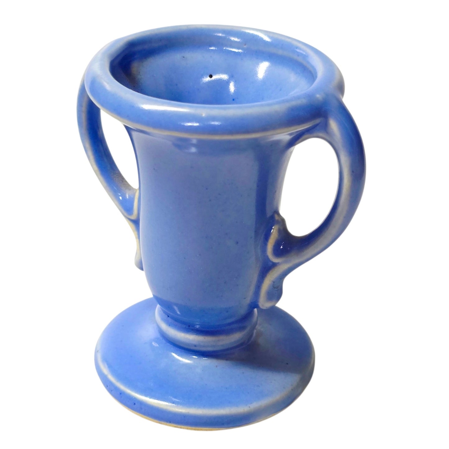Vtg Miniature U.S.A. Pottery Periwinkle Blue Vase Double Handle Toothpick Match