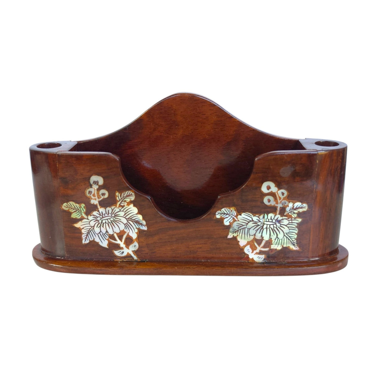 Vintage Wood Desk Organizer Mother of Pearl Inlay Memo Pen Holder Business Card