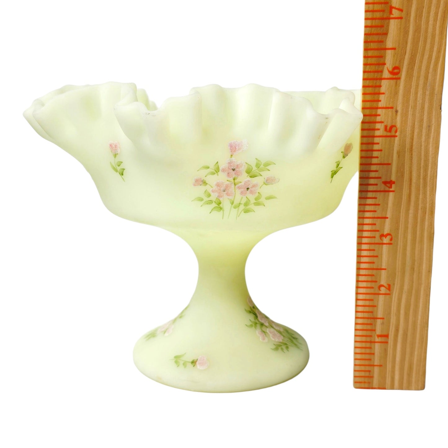 Fenton Custard Uranium Glass Compote Hand Painted Floral Strong Glow Signed