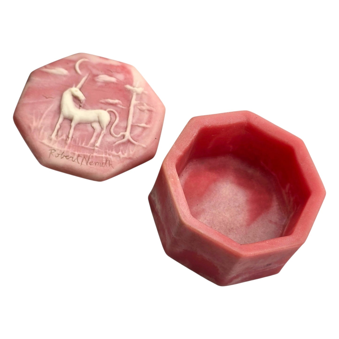 Robert Nemith Signed Incolay Stone Unicorn Trinket Box Relief Carved Mythical