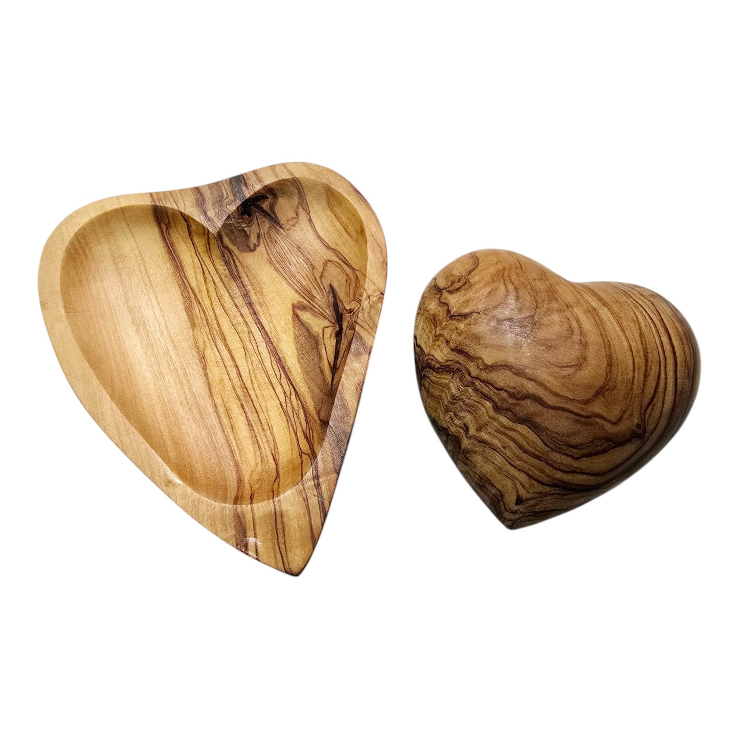 2 Hand Carved Olive Wood Hearts: 1 Puffy Heart Paperweight and 1 Trinket Dish