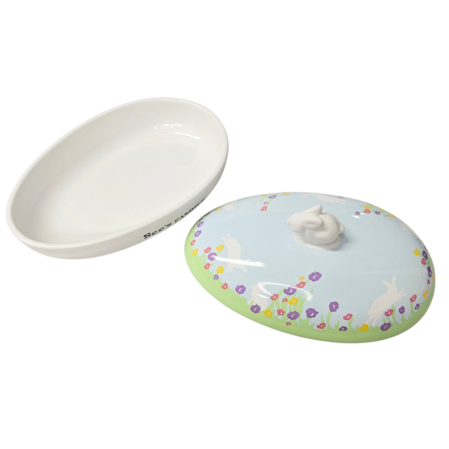 NIB See's Candies Easter Candy Dish Ceramic Lidded Bunny Knob Lid 7.5" Floral
