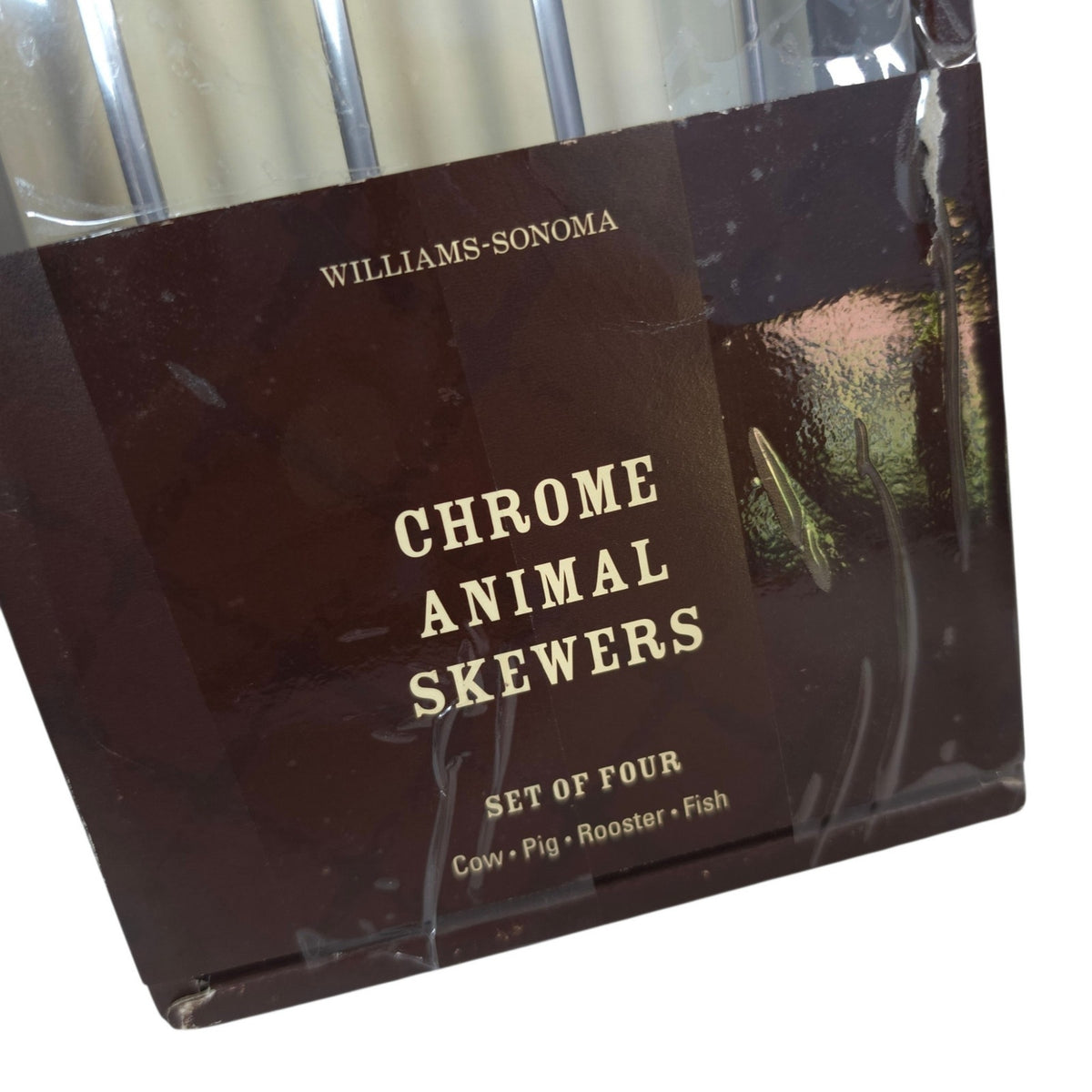 Williams-Sonoma Chrome Animal Skewers Set of 4 Cow Pig Rooster Fish NIB