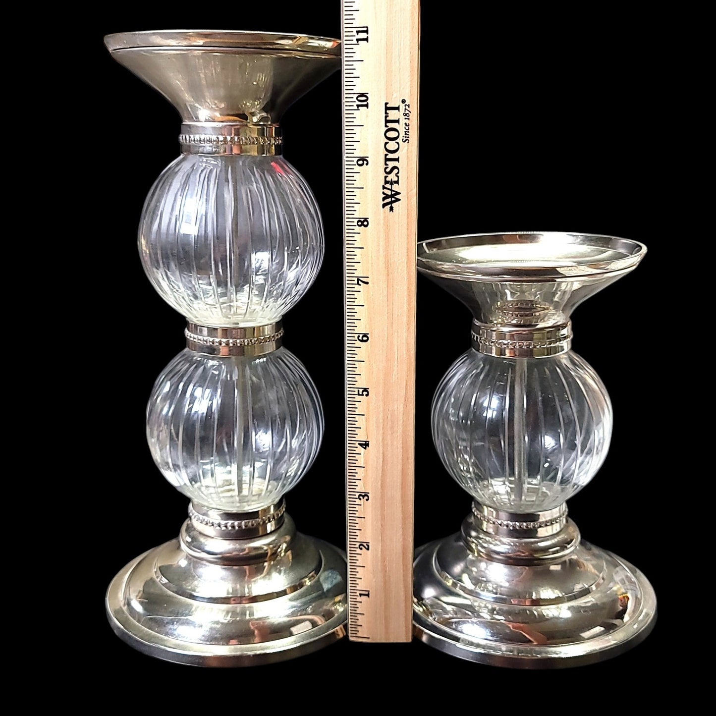 Set of Z Gallerie Candle Pillar Holder Glass Orbe Pedestals 11" and 7.5"