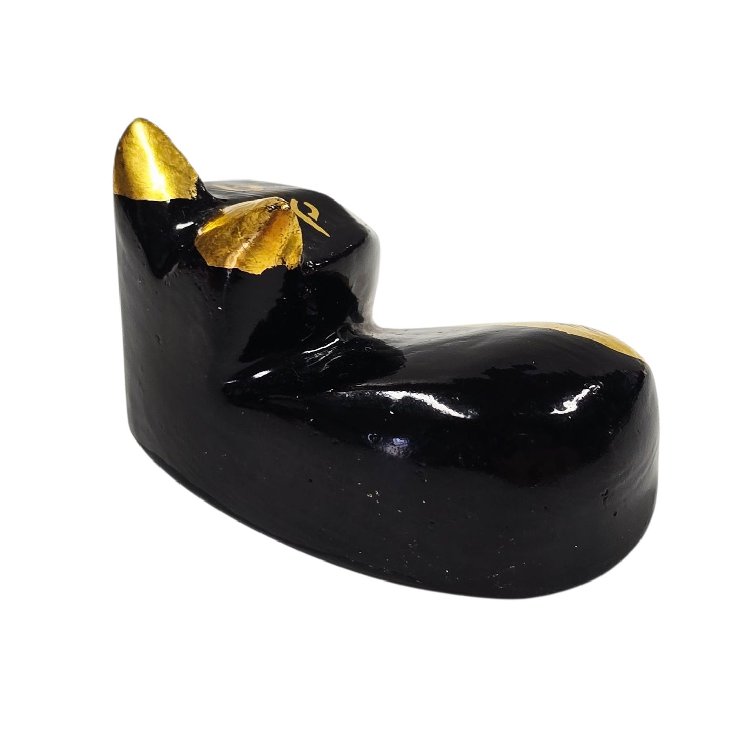 Handcrafted Black & Gold Lacquered Wooden Cat Figurine Gold Foil Accents 2"