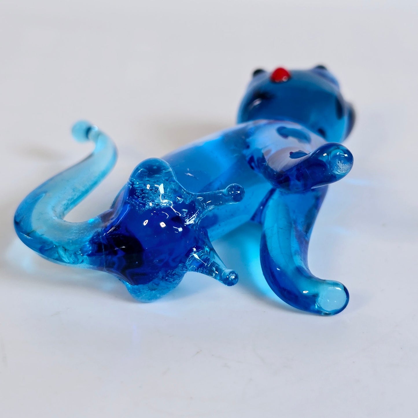 Handblown Blue Art Glass Cat, Sitting, Blue Stretch Glass Cat