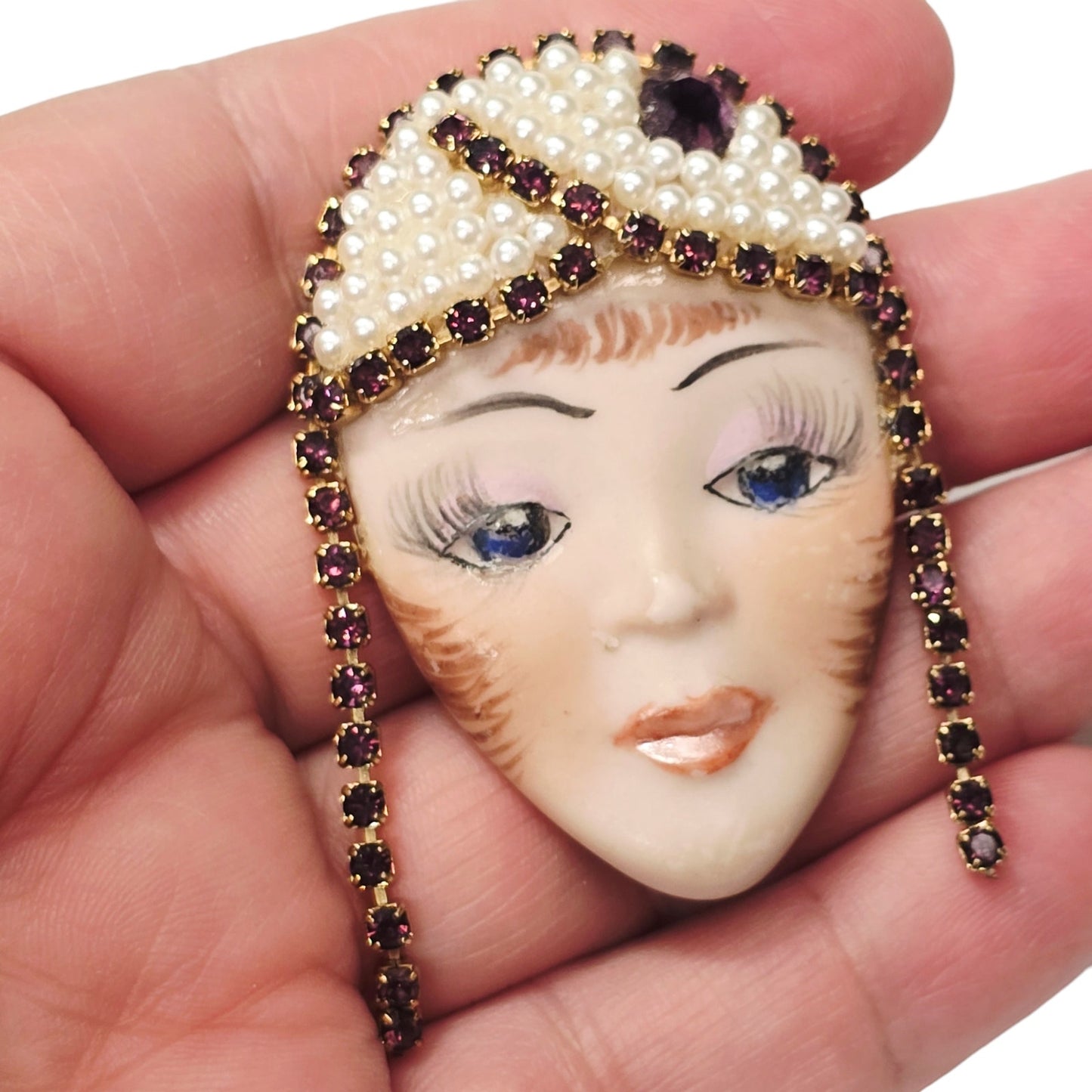 Vintage Art Deco Lady Face Brooch Signed Rhinestone Faux Pearl Flapper 1990 Pin