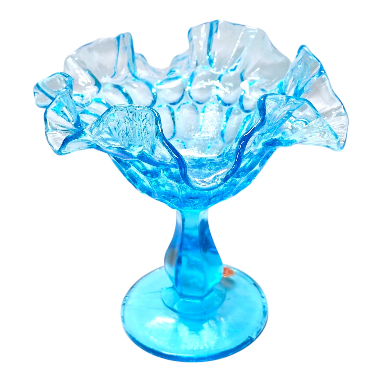 AS IS Fenton Blue Ruffled Pedestal Compote Coin Dot Candy Dish Glows Manganese