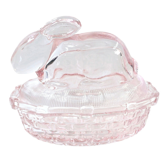 Vintage Indiana Glass? Bunny on Nest, Pink Tinted Pressed Glass, Rabbit on Basket Lidded Candy Dish