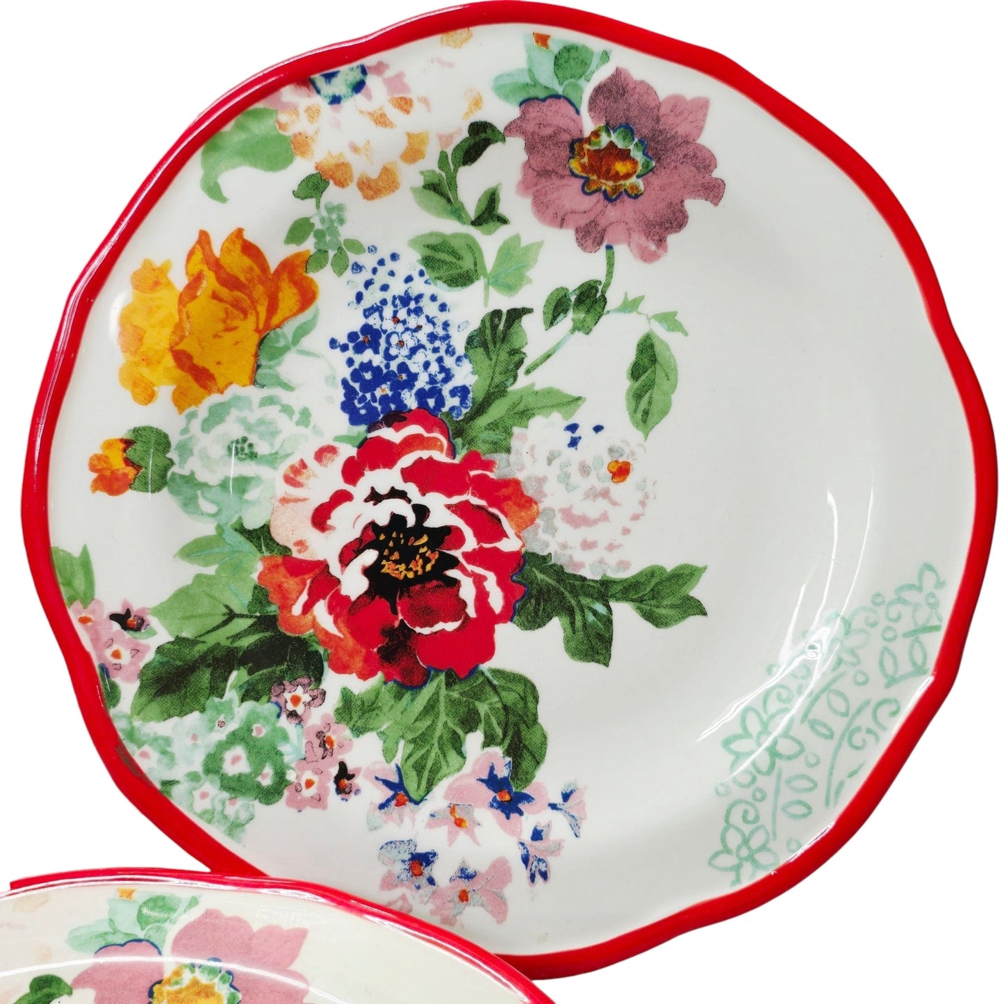 Pioneer Woman Floral Medley Salad Dessert Plates 8.25" Red Rim Set/2