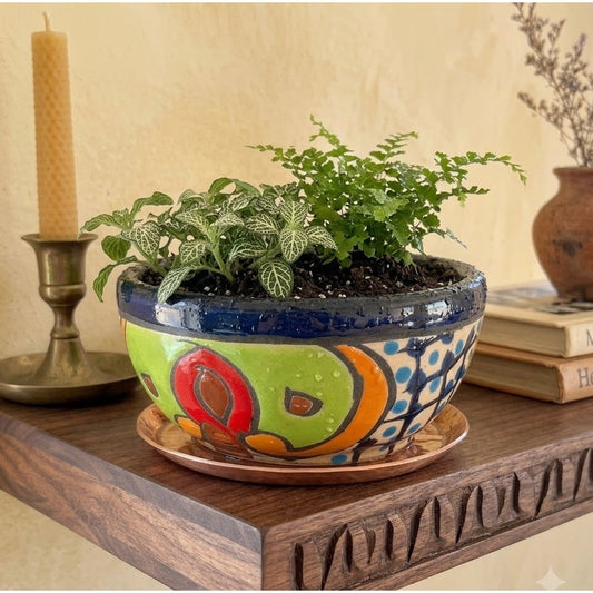 Vintage Mexican Pottery Planter Hand Painted Talavera Style Colorful Ceramic Bowl