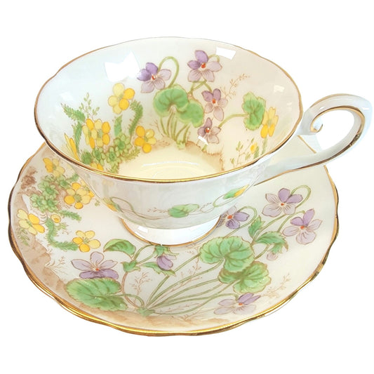 Alpine Flowers by Tuscan, Royal Tuscan Teacup and Saucer, Purple, Yellow Flowers