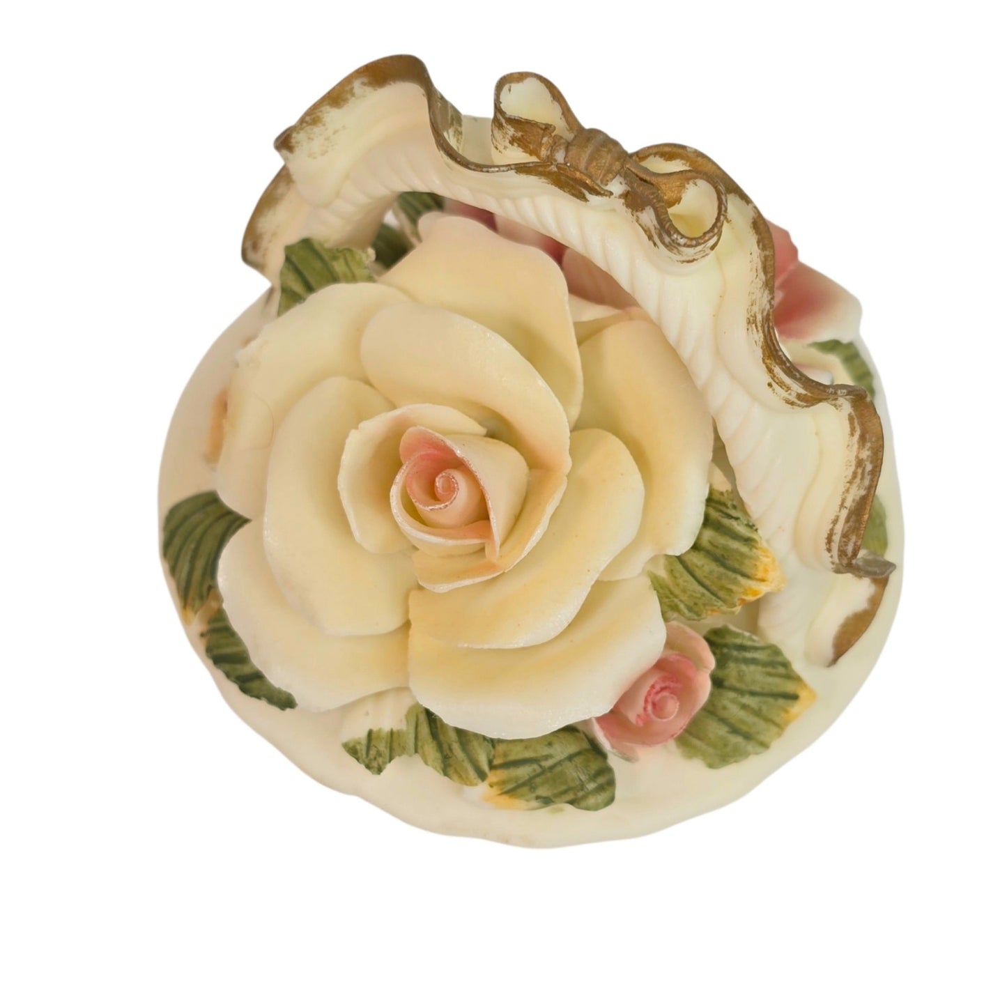 Vintage Porcelain Trinket Box Basket Pink Cream Rose Floral Lid Vanity Decor