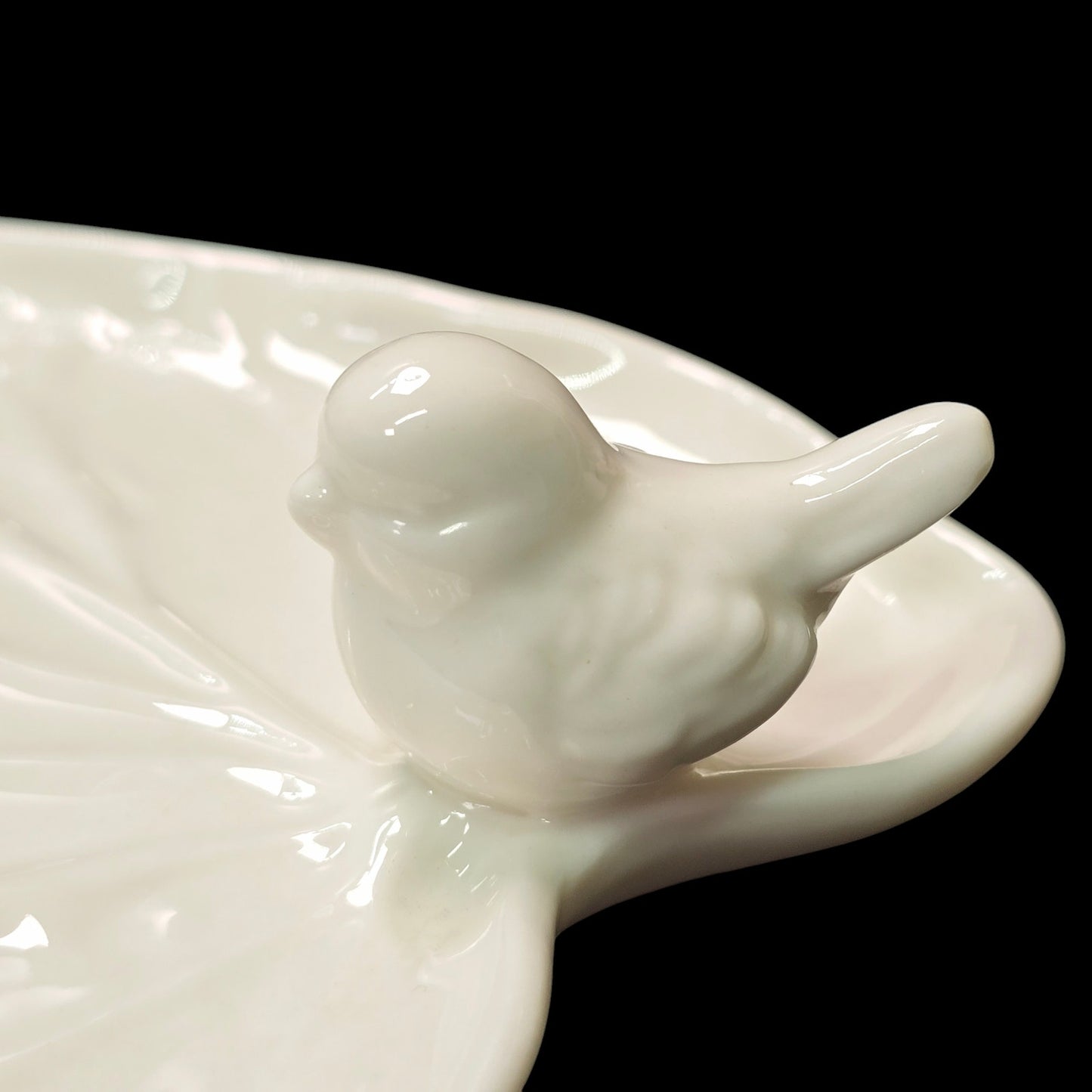 White Ceramic Song Bird on Leaf Jewelry Tray