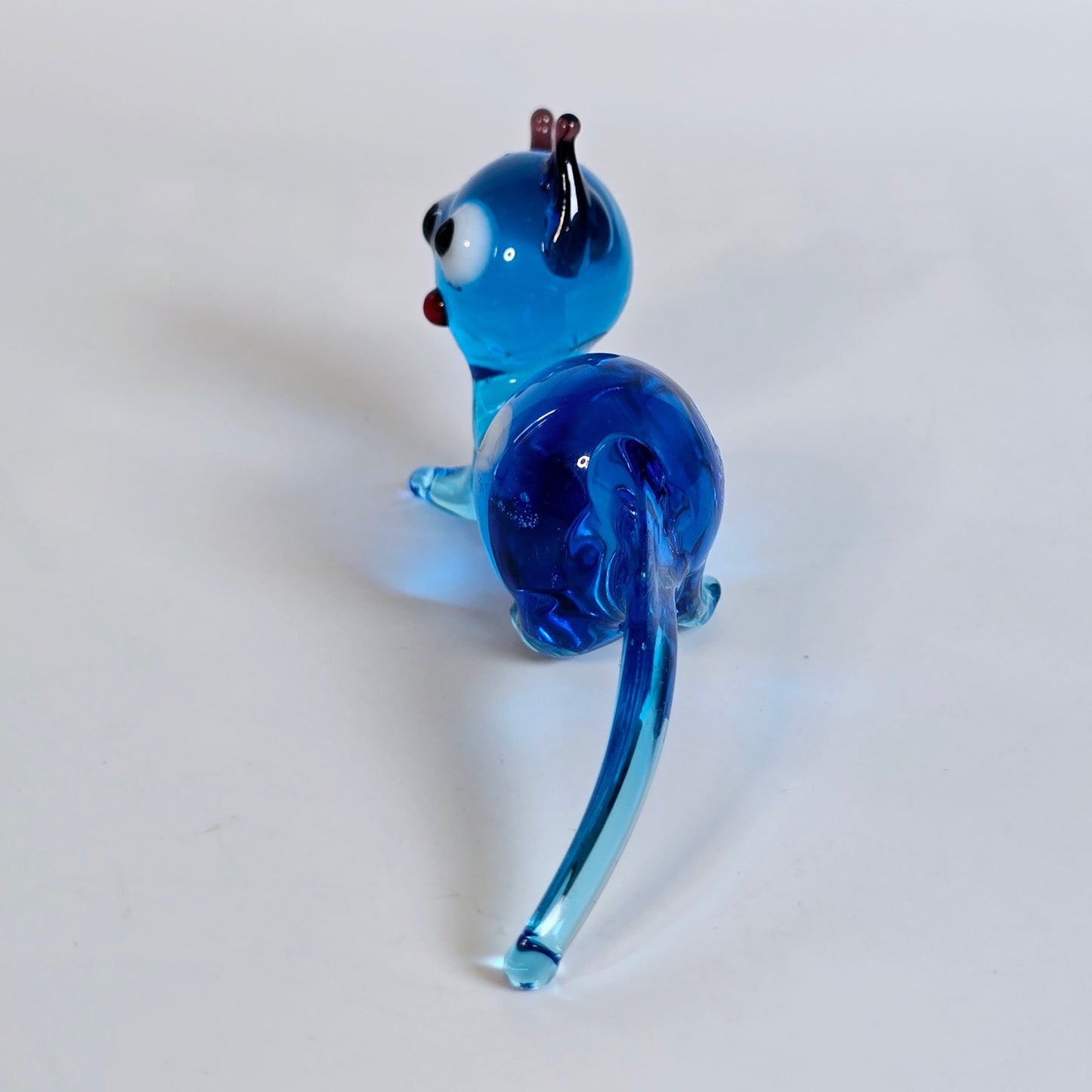 Handblown Blue Art Glass Cat, Laying Down, Blue Stretch Glass Cat