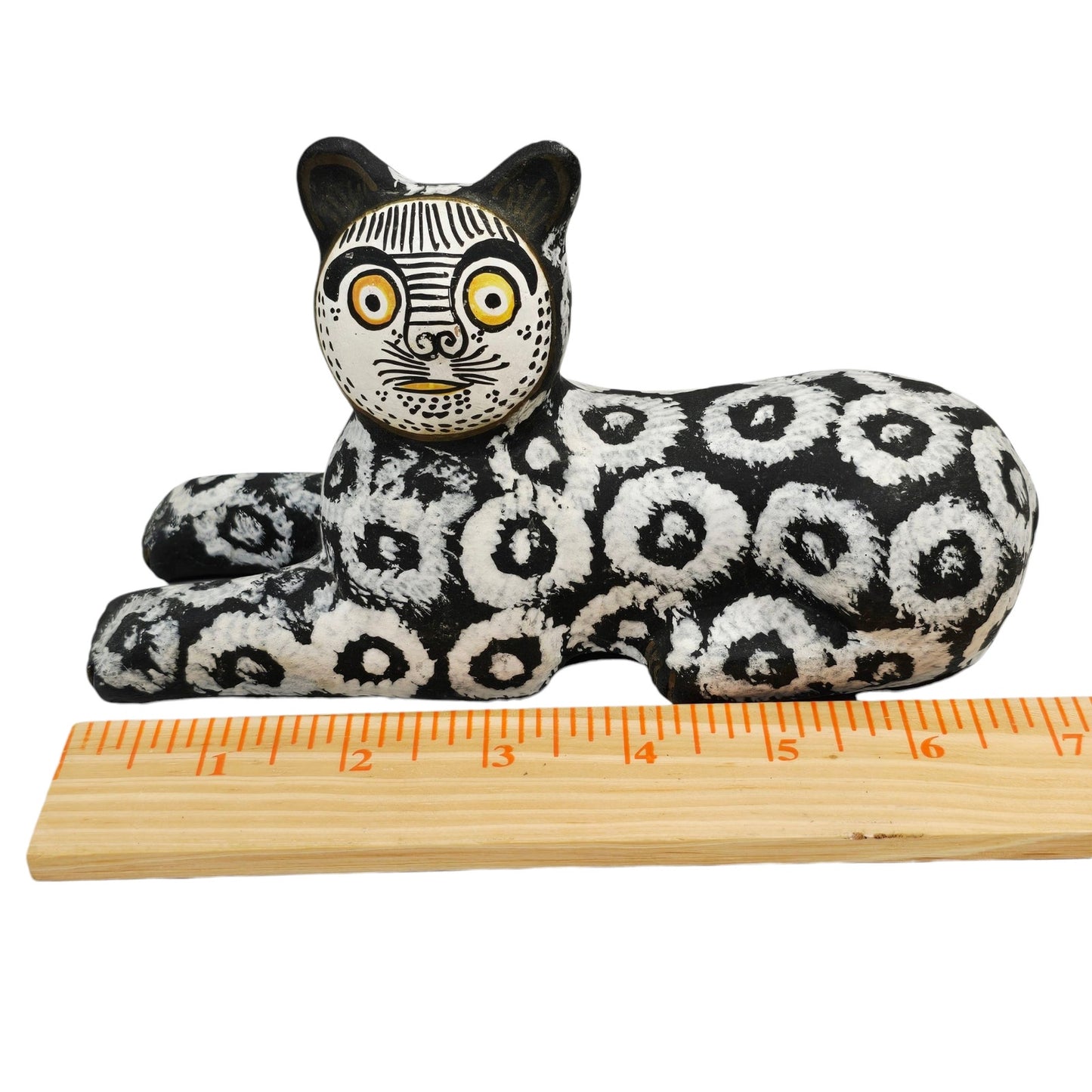 Folk Art Black White Kitsch Cat Figurine Hand Painted Clay Pottery Animal Decor
