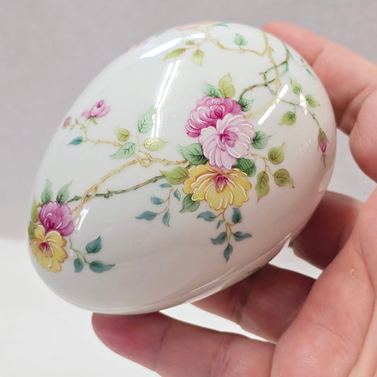 AS IS Vintage Limoges France Egg Trinket Box Lidded Floral, Hairline Fracture and Chip - For Cynthia