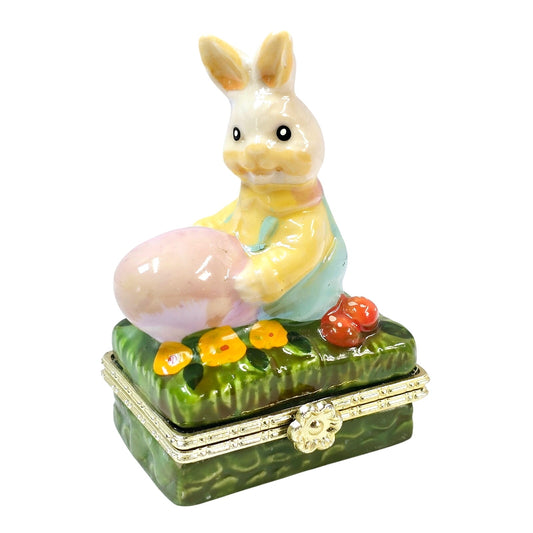 Vintage Easter Bunny Hinged Trinket Box Ceramic Rabbit Rolling Egg Handpainted