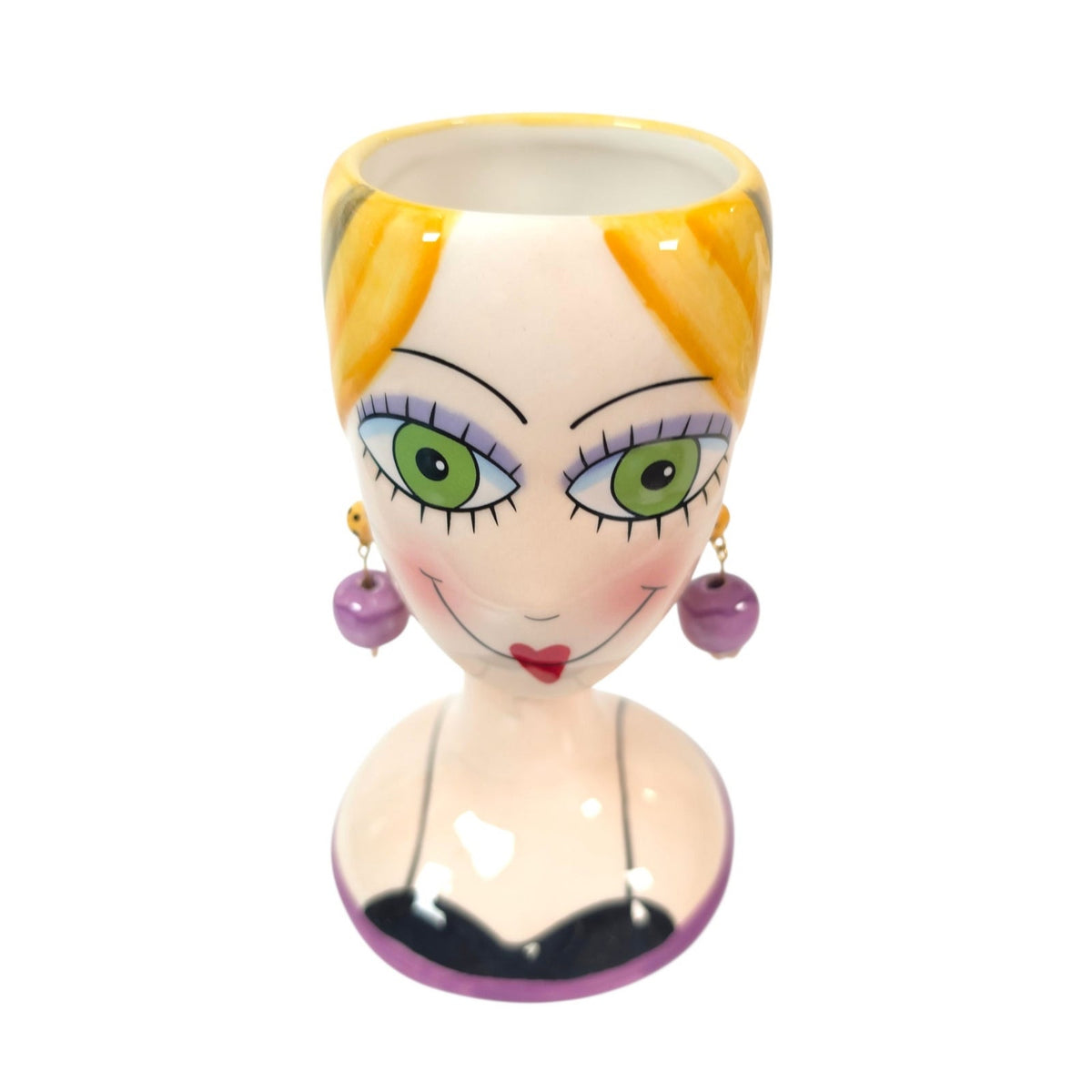 BABS Whimsical Ceramic Lady Head Vase Blonde Green Eyes Purple Earrings