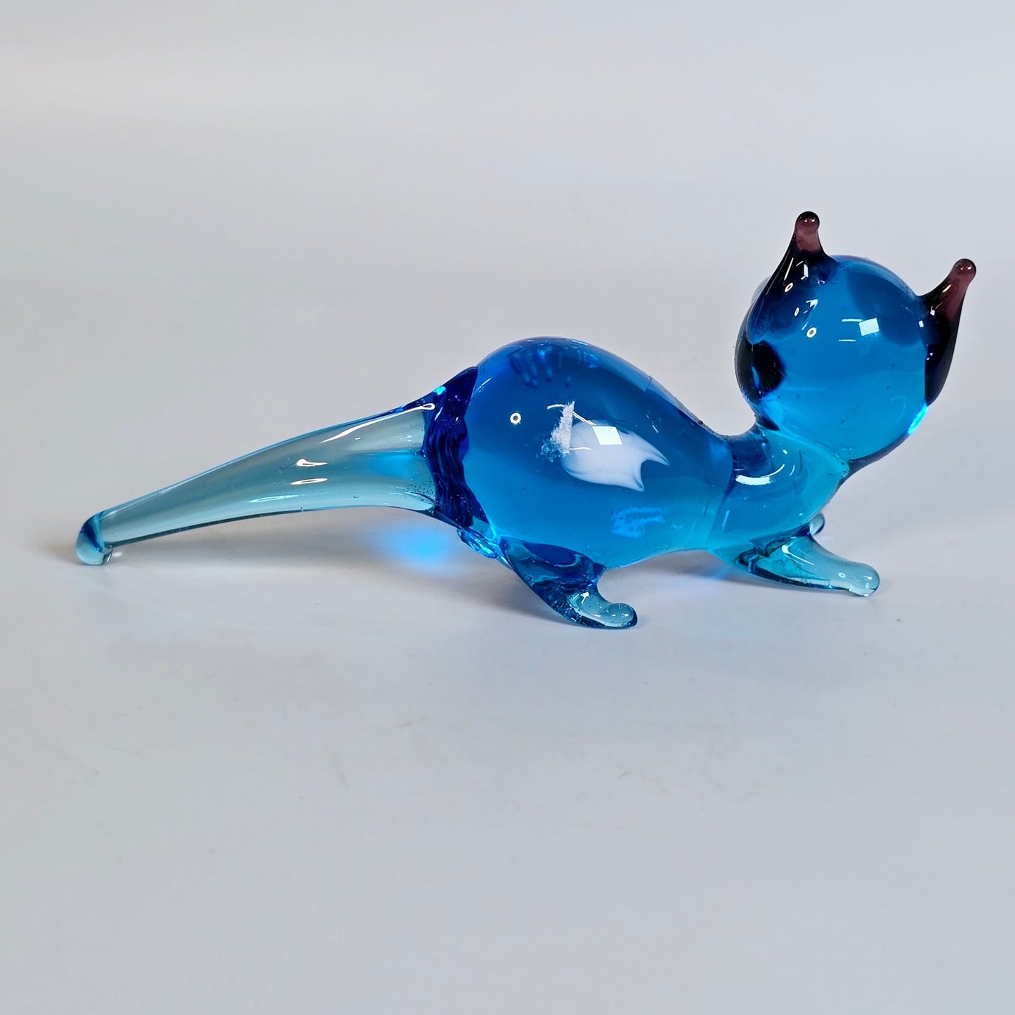 Handblown Blue Art Glass Cat, Laying Down, Blue Stretch Glass Cat