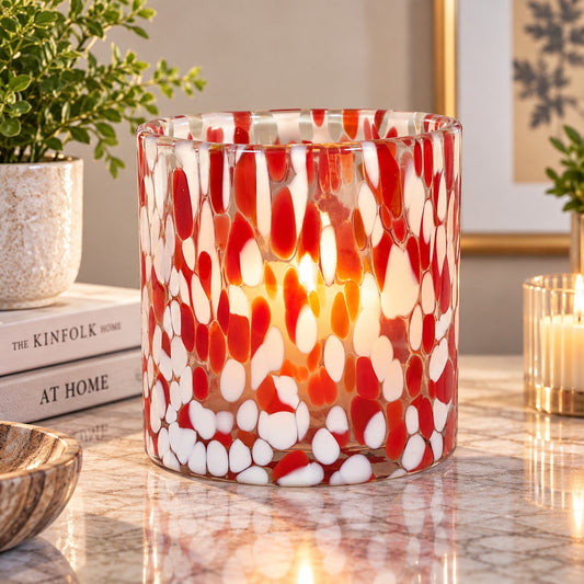Crate & Barrel Red Speckled Glass Hurricane Candle Holder Confetti Art Glass