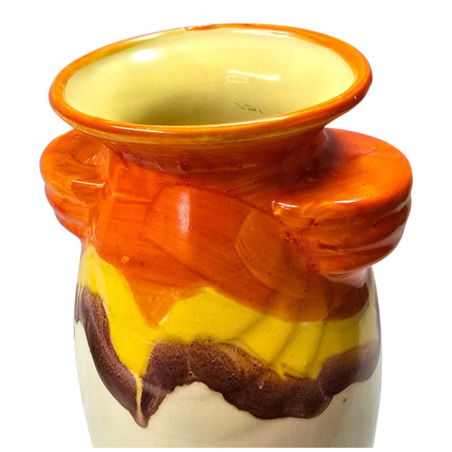 Vtg Czechoslovakia Pottery Vase Orange Yellow Brown Drip Glaze Ceramic 6"