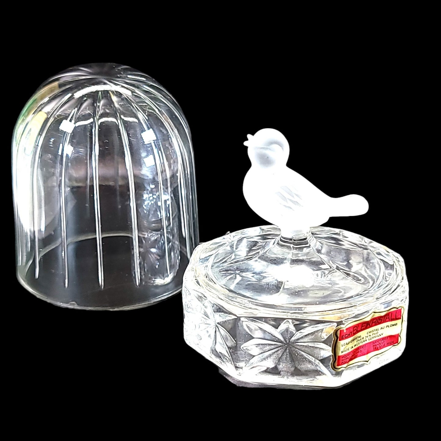 Vintage Hofbauer Byrdes Crystal Bird in Birdcage Glass Figurine Paperweight, Made in Western Germany, Bleikristall (Lead Crystal)