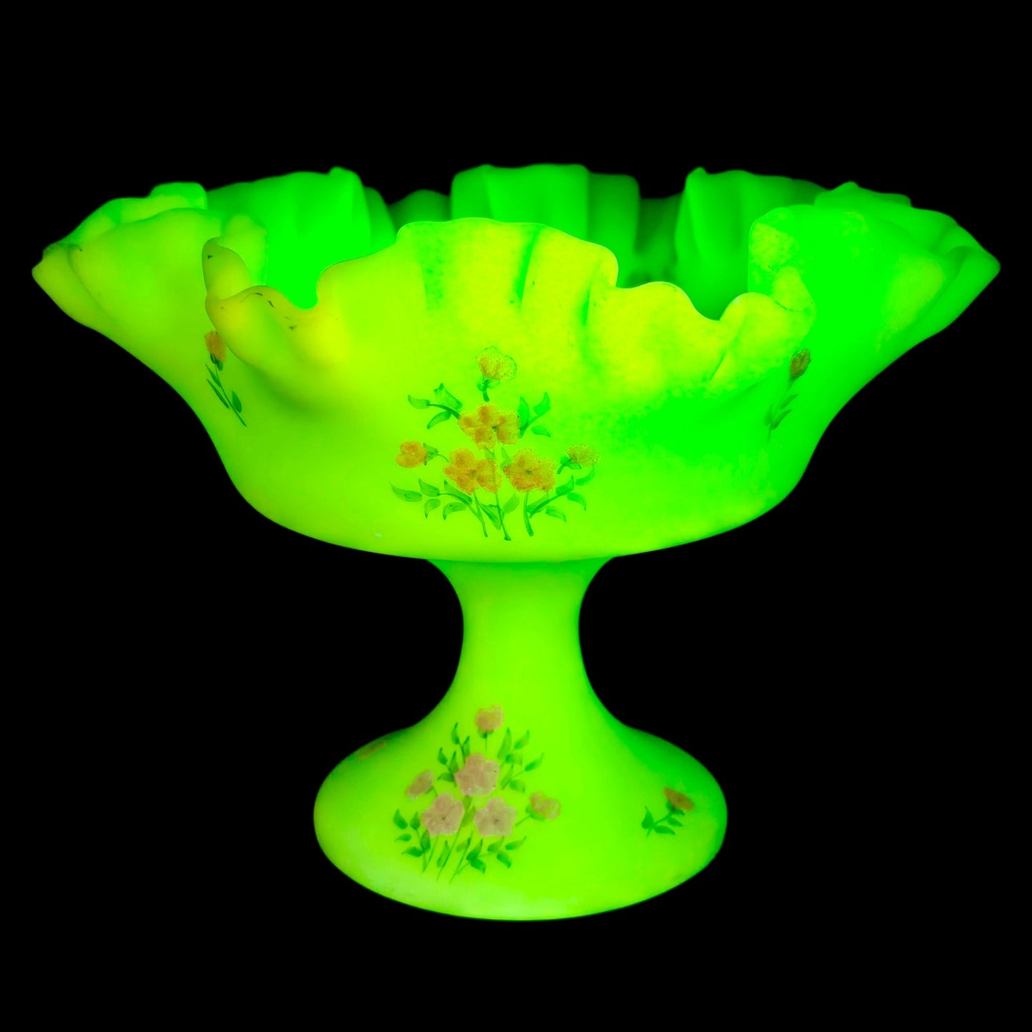 Fenton Custard Uranium Glass Compote Hand Painted Floral Strong Glow Signed