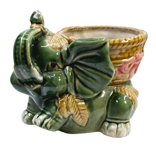 Vintage Majolica Glazed Pottery Lucky Elephant Holding Basket Planter Drip Glaze Trunk Up