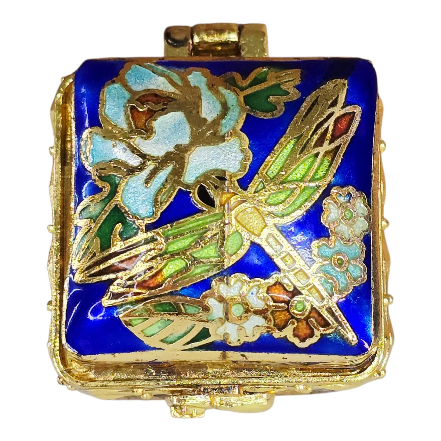 Vintage Cloisonne Trinket Box, Dragonfly & Floral Design