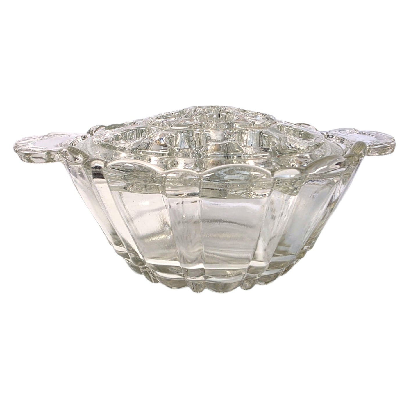 Vintage Clear Pressed Glass Flower Frog Bowl 16-Hole Handle Vase Set