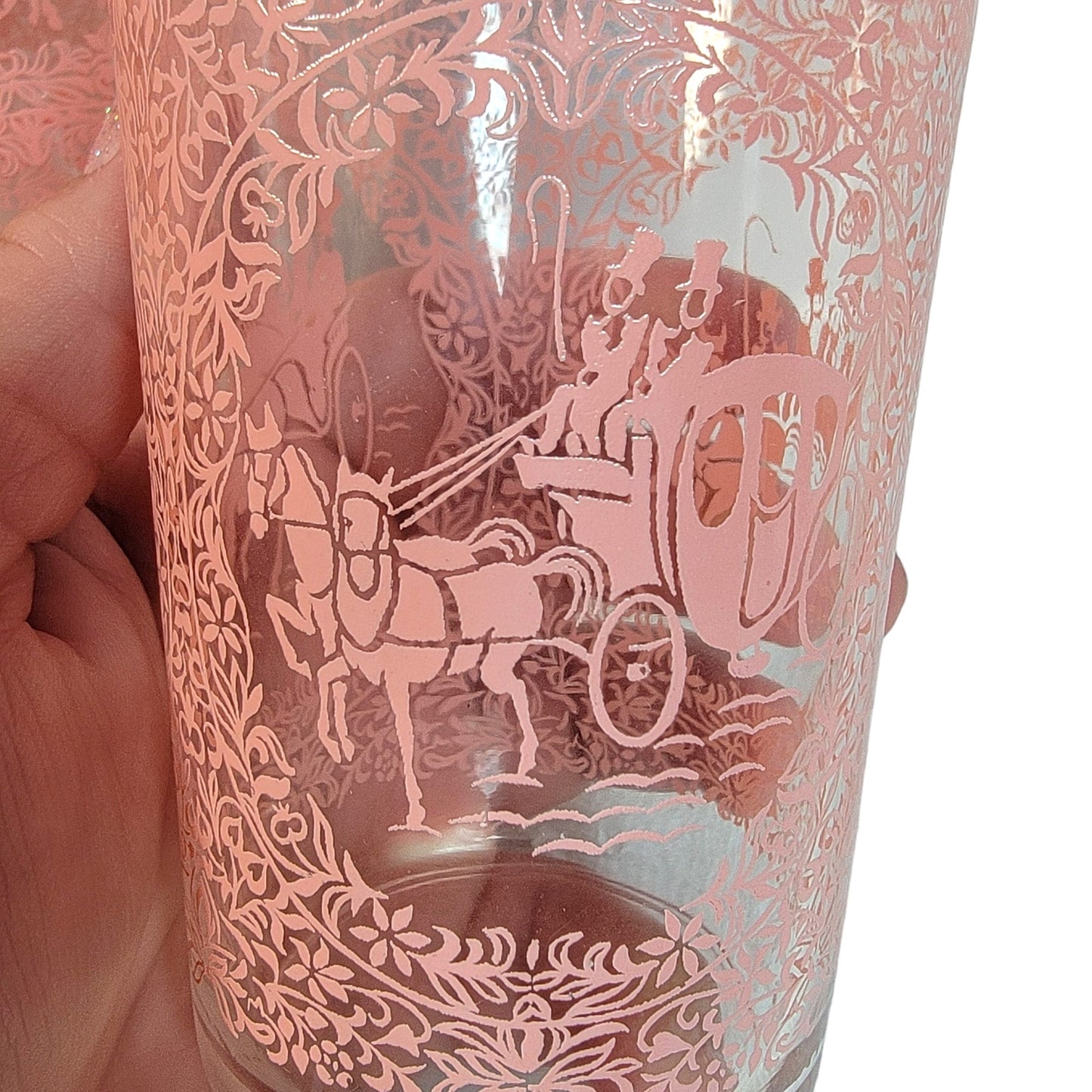 Set of 8 Hazel Atlas Monticello Pink Horse and Carriage Glass Tumblers 5"