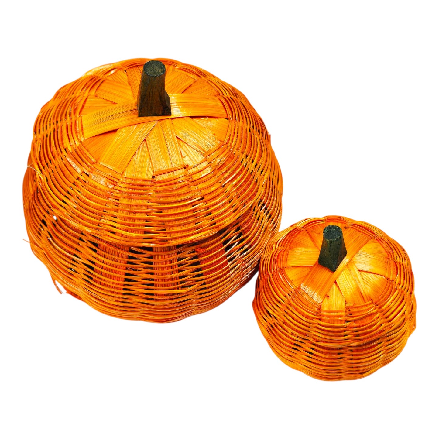 Set of 2 Woven Pumpkin Basket Containers with Lids Fall Farmhouse Halloween Nesting