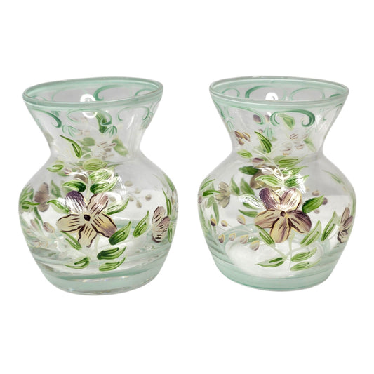 Vtg Hand Painted Floral Glass Vases Lot of 2 Clear Green Trim Small Bud