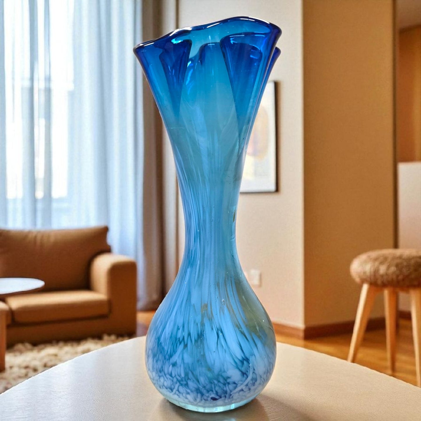 Vintage Blue Hand Blown Art Glass Vase 7" Tall Ruffled Rim Swirl Pattern