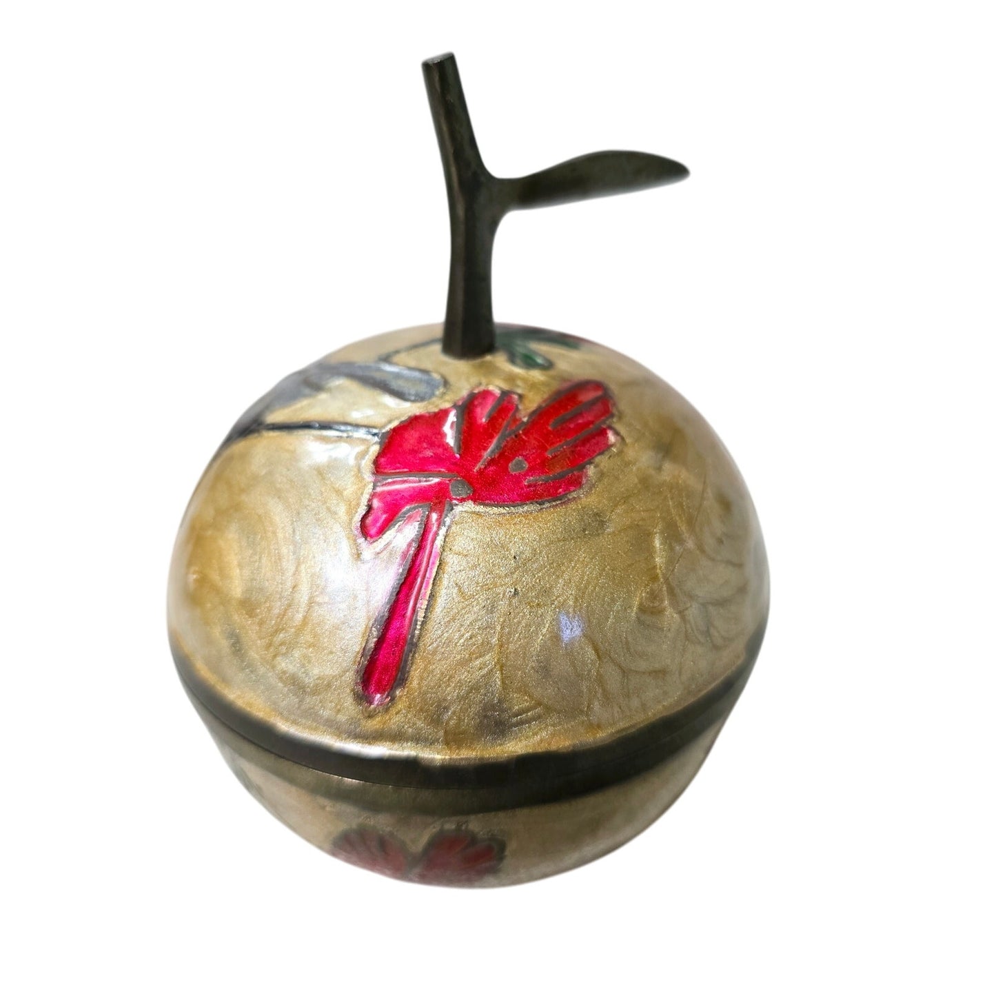 Vintage Cloisonne Enamel Brass Apple Trinket Box With Lid Floral Fruit Farmhouse