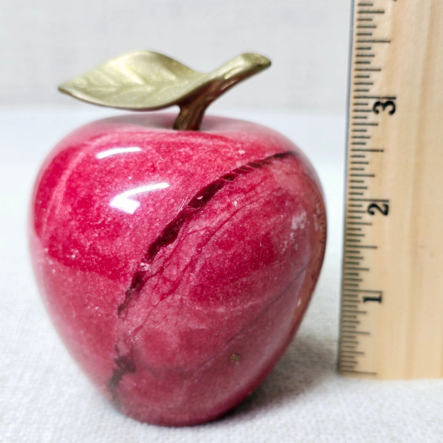 Red Marble Apple Paperweight with Brass Leaf Stem, Teacher Gift